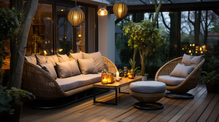 wicker furniture on a wooden porch with outdoor lightingの素材