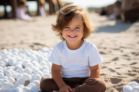 White baby tshirt mockup, smiling cute baby model sitting on the beachの素材