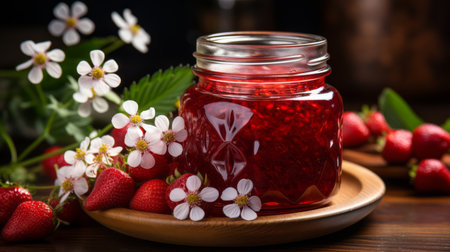 strawberry jam in a jar on a table in front of some fresh strawberries, in the style of dark beige and red,の素材