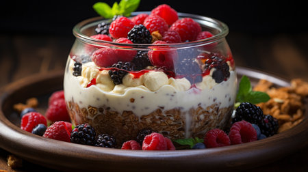 Breakfast overnight oats with raspberriesの素材
