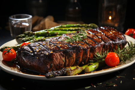steak with tomatoes and asparagus on plate over nightの素材