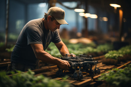 Capture the innovative techniques and sustainable practices of modern agriculture, showcasing a farmer using precision farming technology and drones to optimize crop growth and yieldの素材