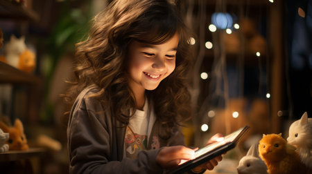 A kid setting in her room, having fun playing a game on her smartphoneの素材