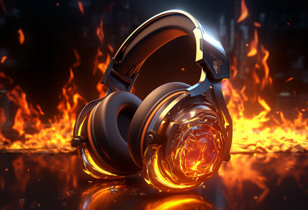 a pair of headphones with flames on the back, in the style of vray tracing, skillful lightingの素材