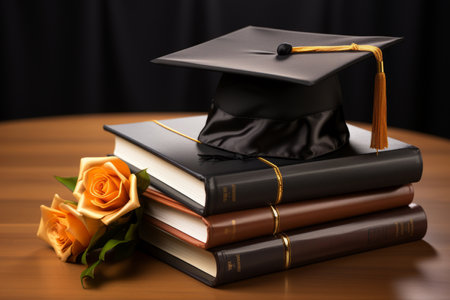 image of a Black Graduation hat with books.の素材