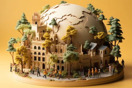 A group of people standing around a globeの素材