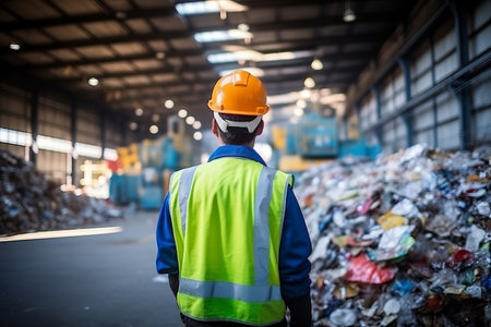 back view a worker who recycling thing on recycle centerの素材