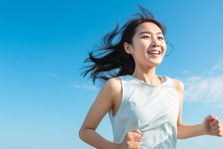 Chinese woman, aged 25, running outdoors, with a sense of training, enthusiasm, happiness, and blue skyの素材