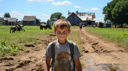 child in A horse ranch with a houseの素材