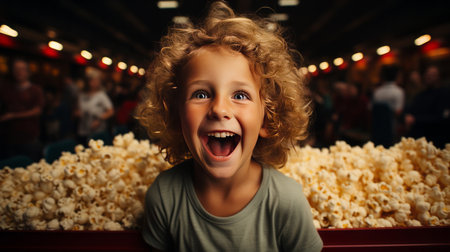 Child boy eating popcorn in a movie theater, sitting and eating popcornの素材