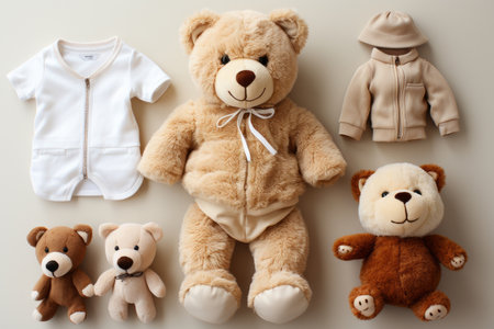 Cute baby clothes for boy and girl, rattle, bottle and dummy space in the middle, on white background top viewの素材