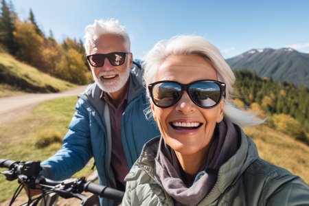 Happy older couple explore nature by bike on sunny day.の素材