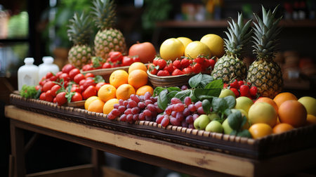fruits in basket with fruits on shelf in marketの素材