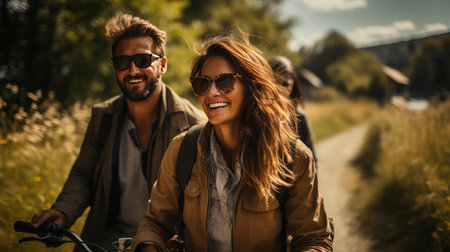 Happy young couple explore nature by bikeの素材