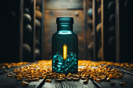 glass bottle with empty pill capsules in the background, in the style of dark teal and goldの素材