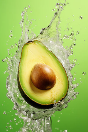 half avocado, splash in air, food photography, pastel color background, splashの素材