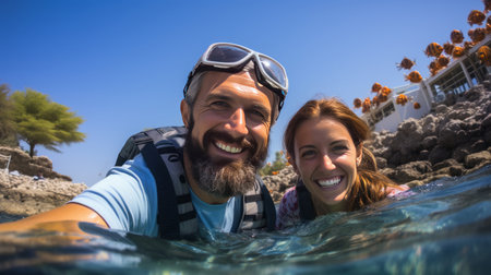 happy couple snorkeling in a wonderful coral reefの素材