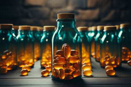 glass bottle with empty pill capsules in the background, in the style of dark teal and goldの素材