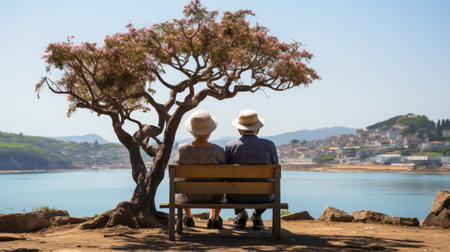 Older man and an old woman sitting on a wooden bench.の素材