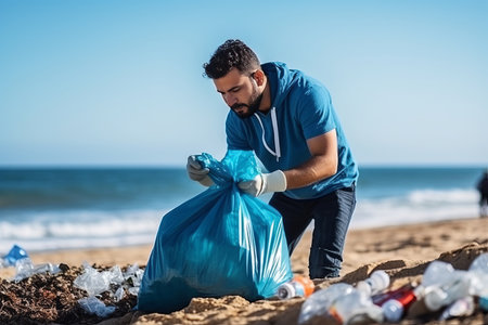 portrait close up smiling mixed race man volunteer collecting trash on the beach.の素材