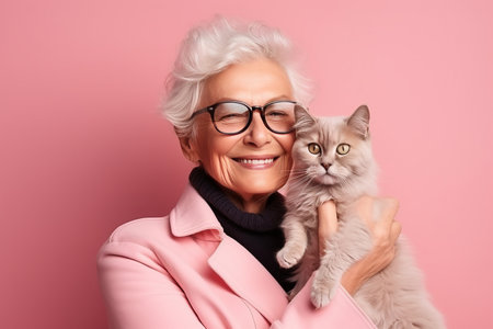 portrait a smiling senior woman with her cat on light pastel pink backgroundの素材