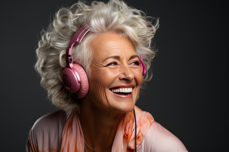 portrait a happy senior woman in wireless headphones dancing, singingの素材