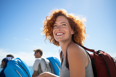 smiling redhead woman sitting on passenger seat, airplaneの素材
