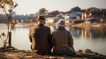 Older man and an old woman sitting on a wooden bench.の素材