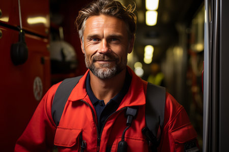 portrait of a happy male smiling truck driver containerの素材