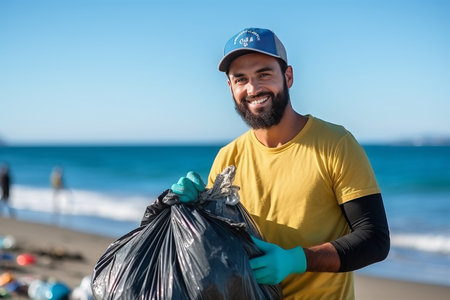 portrait close up smiling mixed race man volunteer collecting trash on the beach.の素材
