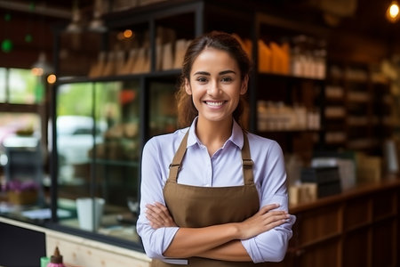 Portrait Cheerful female store owner with a laptop, side view, blurred stationery store backgroundの素材