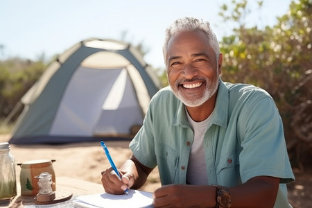 Portrait of pretty senior man in white casuals writing journal besides tent in forestの素材