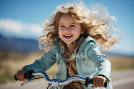 portrait of a little girl riding bike, blurred blue sky backgroundの素材