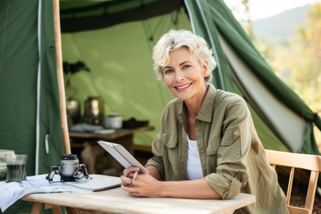 Portrait of pretty senior woman in white casuals writing journal besides tent in forestの素材