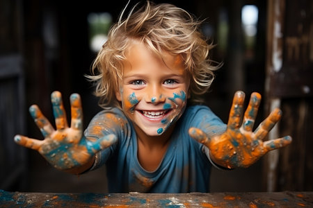 portrait of a funny child boy shows hands dirty with paintの素材