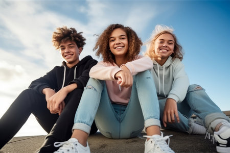portrait of 3 smiling teenagers wearing jeans and sneakers sitting on the wall, blurred blue sky backgroundの素材