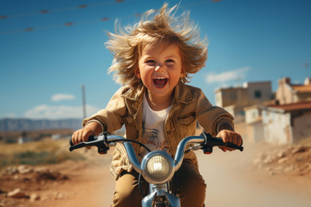portrait of a little girl riding bike, blurred blue sky backgroundの素材