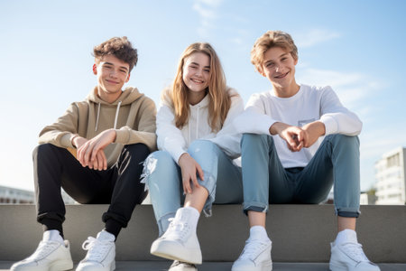 portrait of 3 smiling teenagers wearing jeans and sneakers sitting on the wall, blurred blue sky backgroundの素材