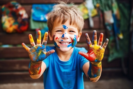 portrait of a funny child boy shows hands dirty with paintの素材