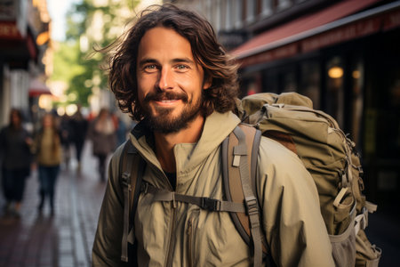 portrait cheerful tourist push a bike in eu metropolis backgroundの素材
