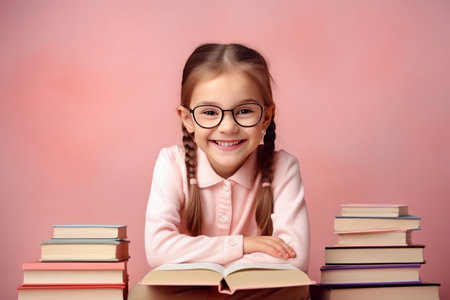 portrait of a happy child little girl with glasses sitting on a stack of books and reading a books, light pink backgroundの素材