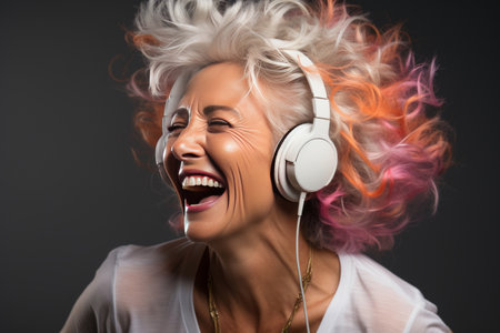 portrait a happy senior woman in wireless headphones dancing, singingの素材