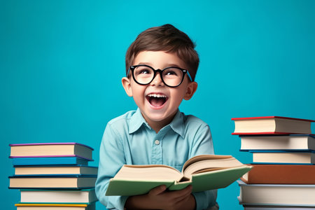 portrait of a happy child little boy with glasses sitting on a stack of books and reading a books, light blue backgroundの素材