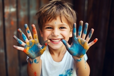 portrait of a funny child boy shows hands dirty with paintの素材