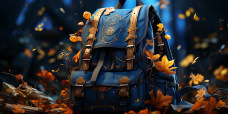 school backpack with pencils and leavesの素材