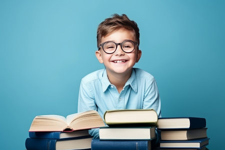 portrait of a happy child little boy with glasses sitting on a stack of books and reading a books, light blue backgroundの素材
