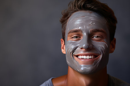 portrait of a smiling happy young man smiling while pampering his skin with a face mask on white backgroundの素材