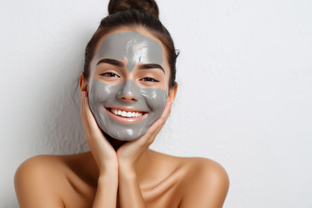 portrait of a smiling happy young beautiful woman smiling while pampering his skin with a face mask on white backgroundの素材