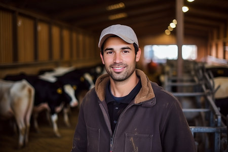 portrait a smiling young farmer in a barn feed cowsの素材