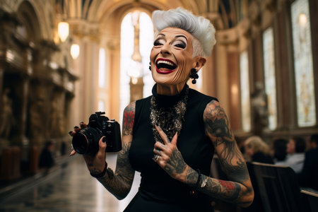 smiling old tattooed fashion woman with bold hair smoking a cigaretteの素材